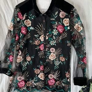 Embroidered Floral Sheer Button Down Shirt